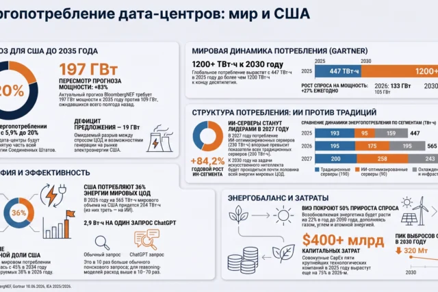 За год мировые дата-центры прибавили почти четверть потребления: с 447 ТВт·ч в 2025 году до 565 ТВт·ч в 2026-м, и почти весь прирост дают ИИ-серверы, чей расход подскочил на 84% и уже составляет 31% всей энергии отрасли.