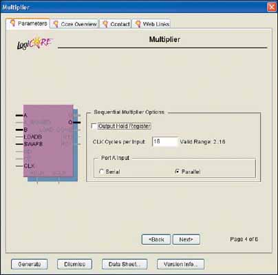 Диалоговая панель Sequential Multiplier Options «мастера» настройки параметров ядра Multiplier Generator версии v7.0, предназначенная для выбора специальных опций последовательного умножителя (страница Parameters)